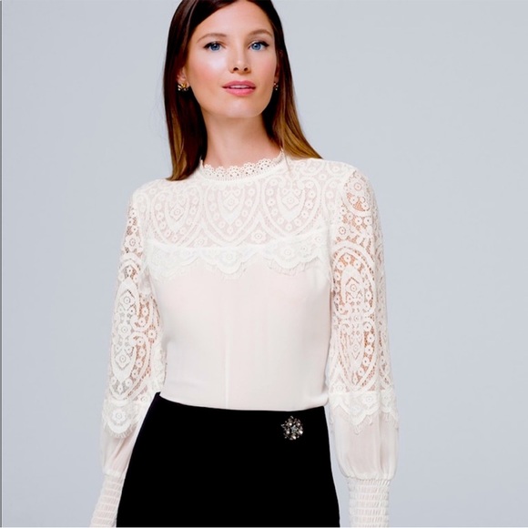 ⭐️ WHBM White Lace Blouse with Sheer Overlay ⭐️ - Picture 1 of 15